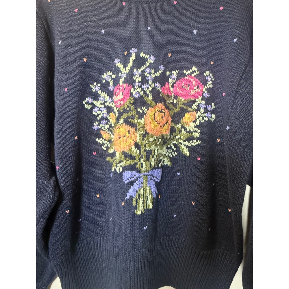 Bramble Lane Vintage Navy Flower Bouquet‎ Polka Dots 90s Grandmacore Sweater - Picture 2 of 4